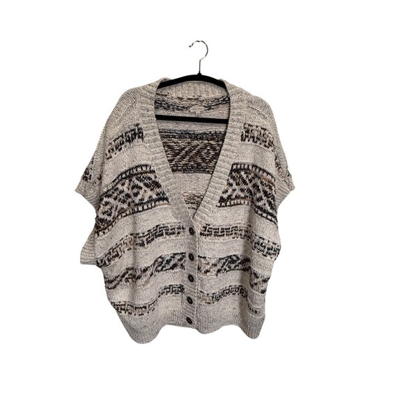 Anthropologie‎ Bohemian Knit Cardigan Sweater L Button Front Short Sleeve Beige - Picture 2 of 9